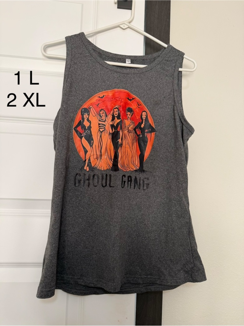 Ghoul Gang Graphic Sleeveless Tank - Charcoal with Orange Print
